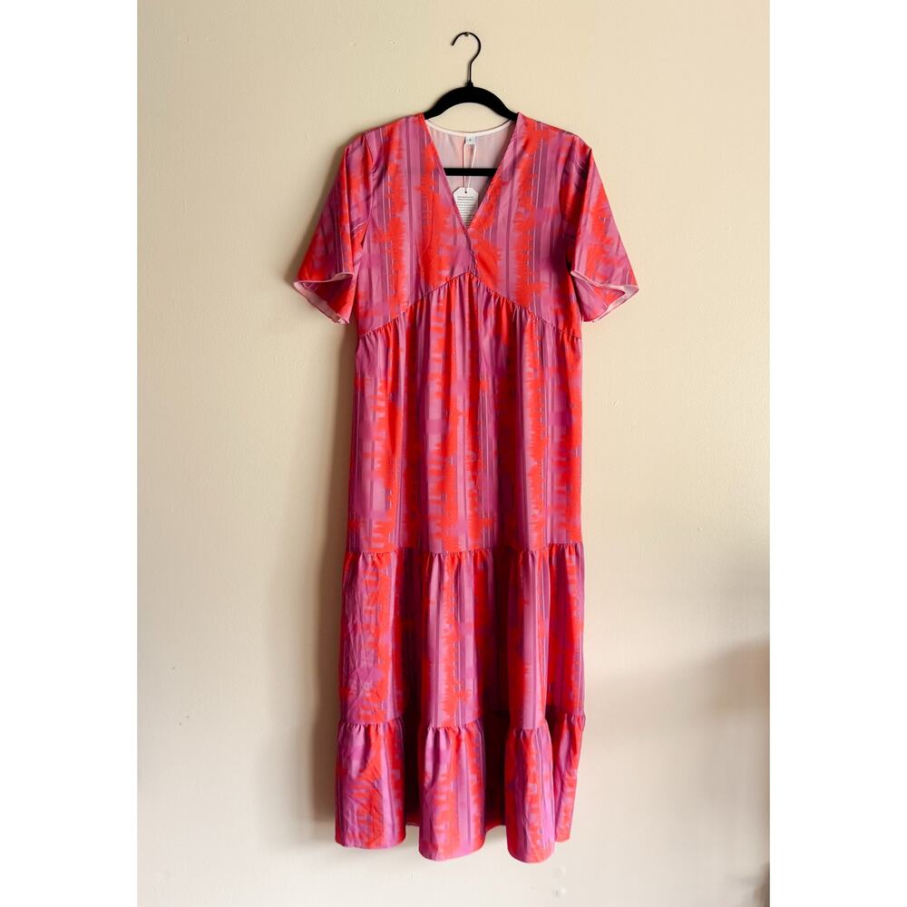 Pink + Purple Printed V Neck Short Sleeve Beachy Summery Tiered Maxi Dress Small